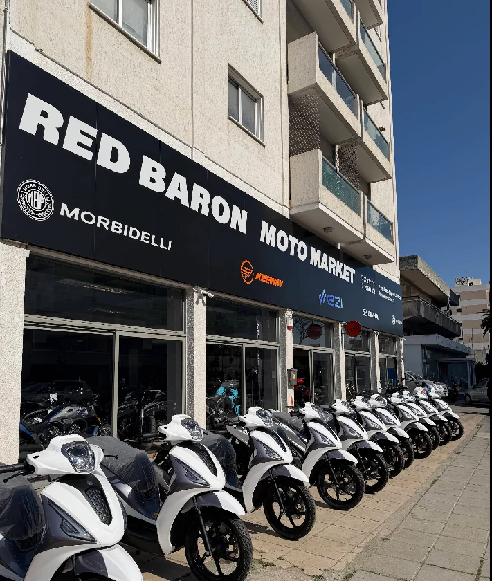 Red Baron Moto Market showroom with motorcycles outside